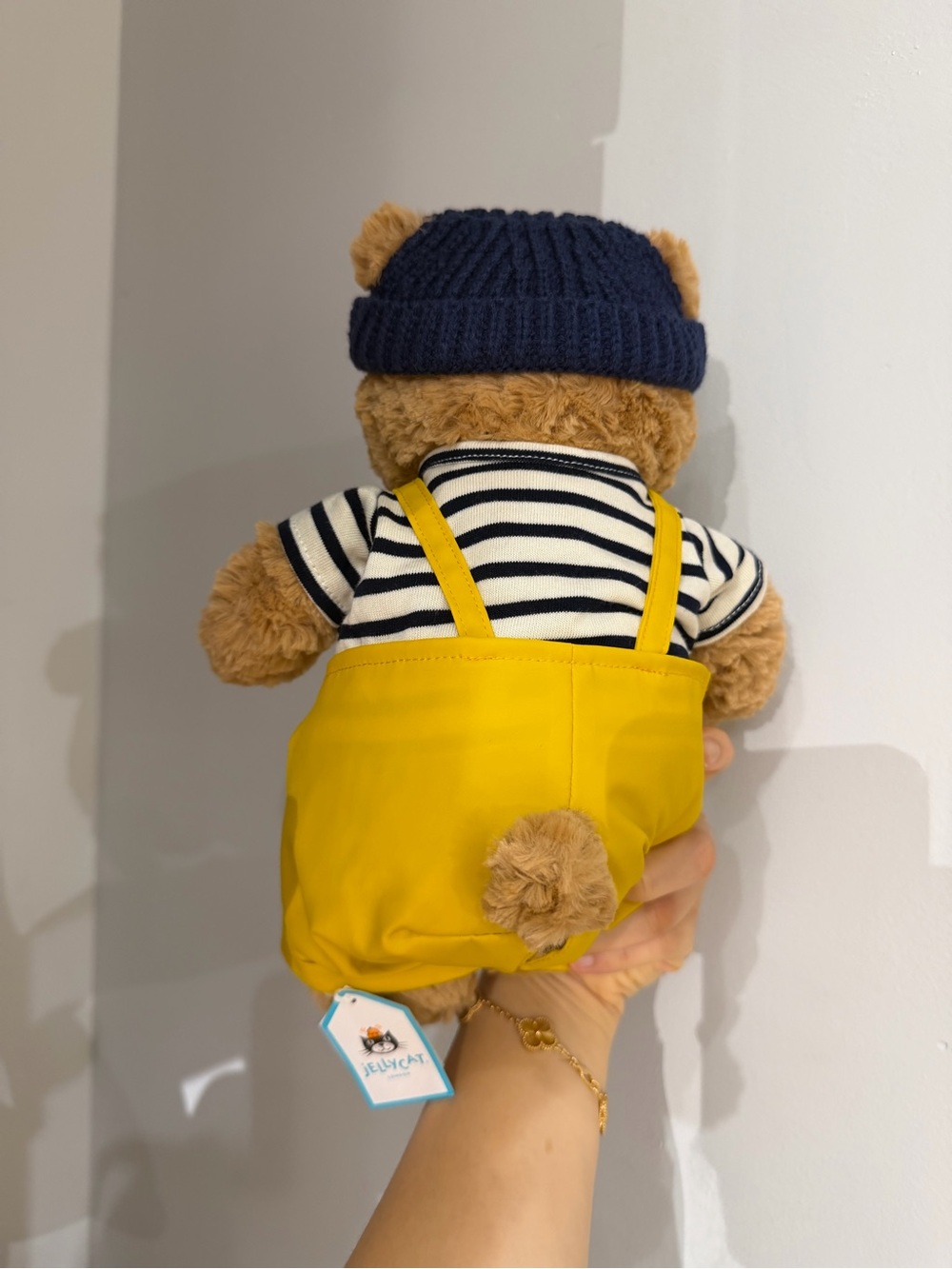 Yellow Overalls Plush Bear with Navy Beanie - Picture 2 of 2